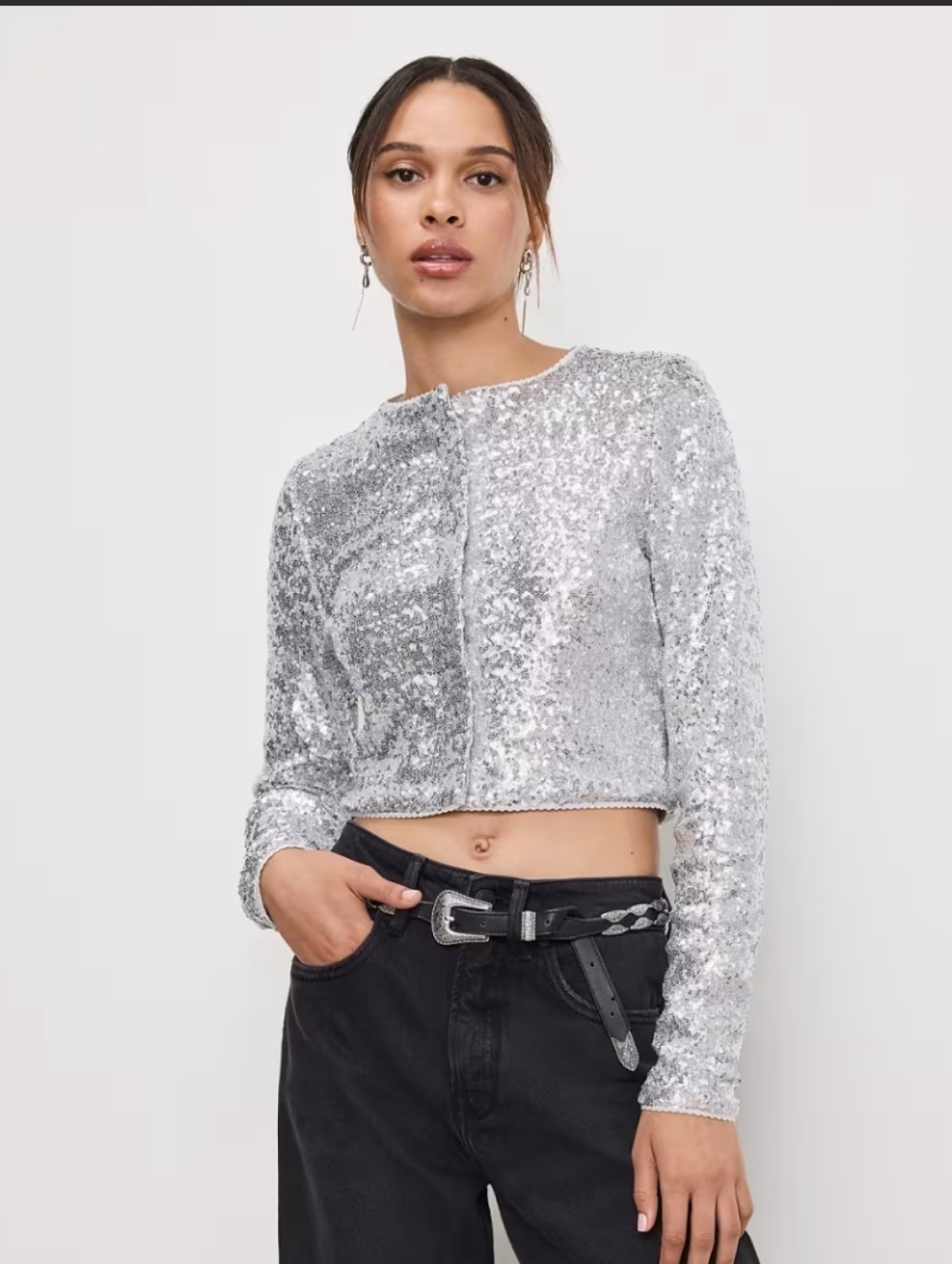 Good American Silver Sequin Cropped Cardigan Top NWT Size S Party Holiday